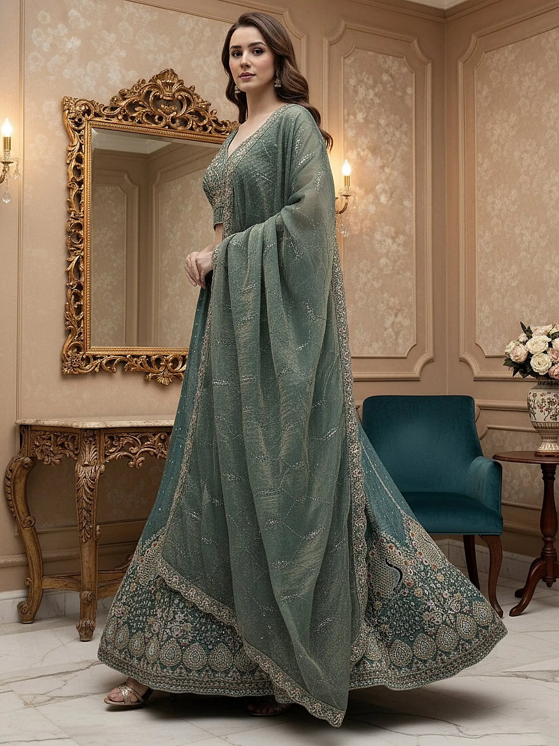 Incredible Teal Blue Thread Embroidered Silk Wedding Lehenga Choli With Dupatta
