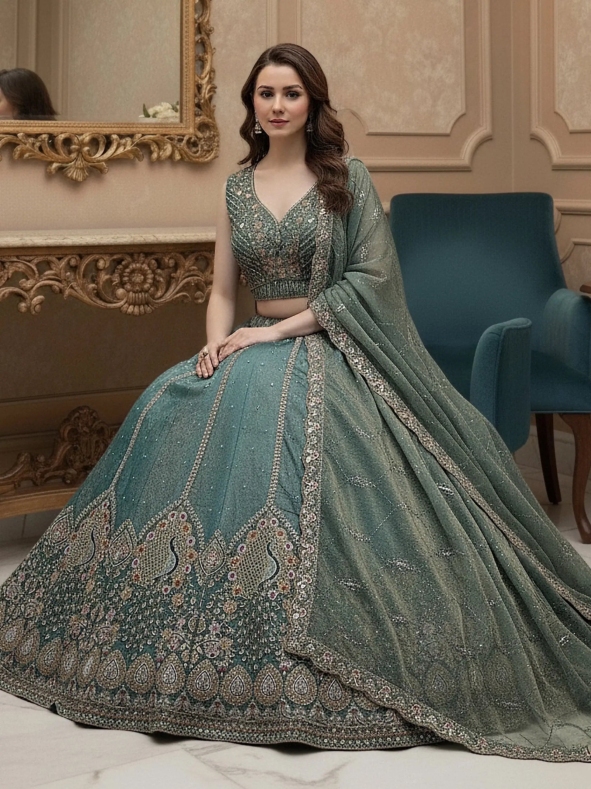Incredible Teal Blue Thread Embroidered Silk Wedding Lehenga Choli With Dupatta