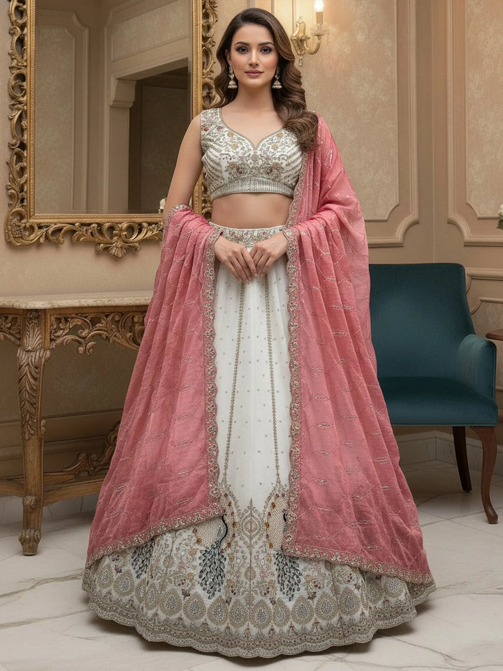 Classy White Dori Embroidery Silk Marriage Wear Lehenga With Blouse
