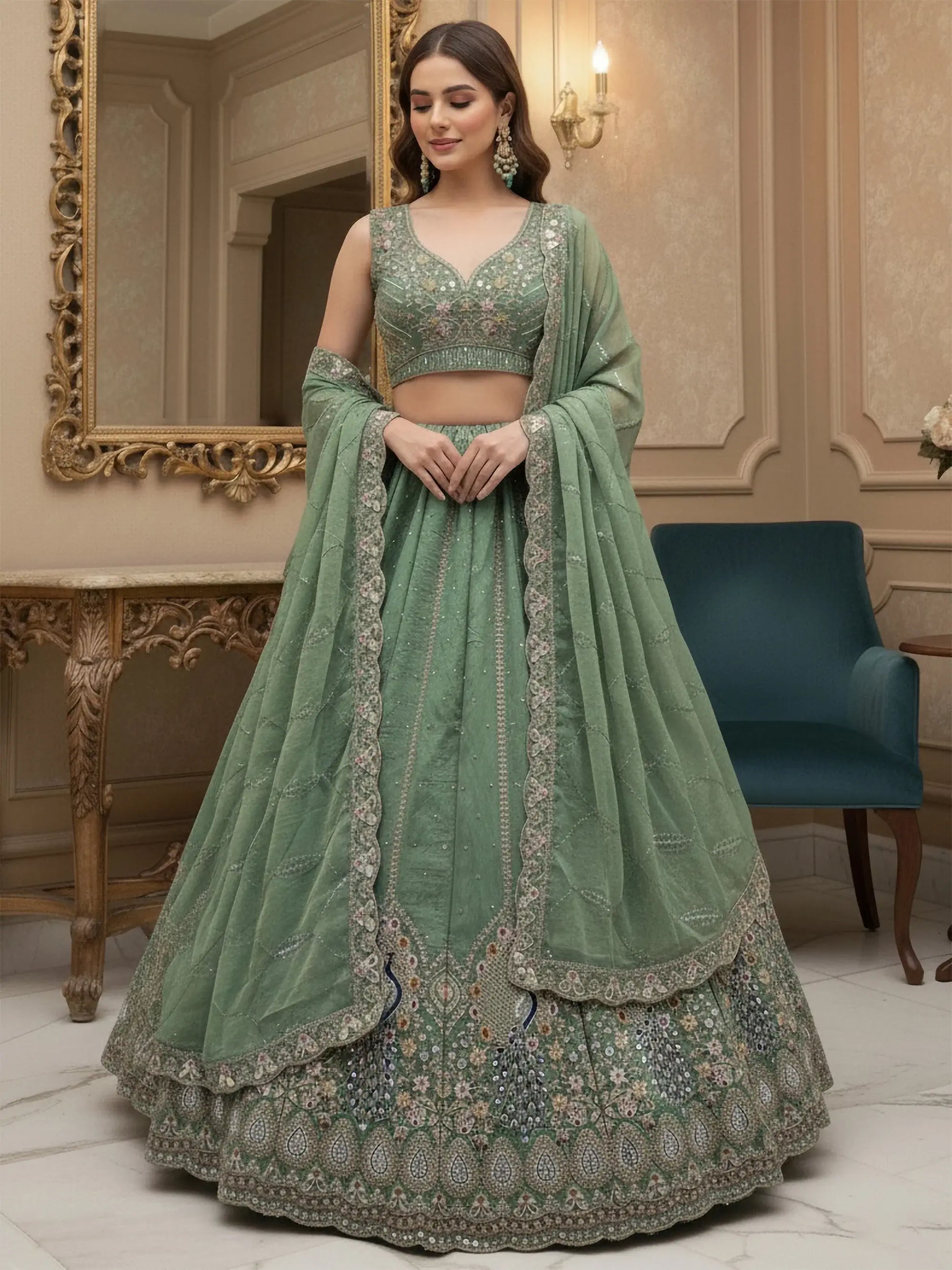 Regal Green Zircon Work Silk Mehendi Wear Lehenga Choli With Dupatta
