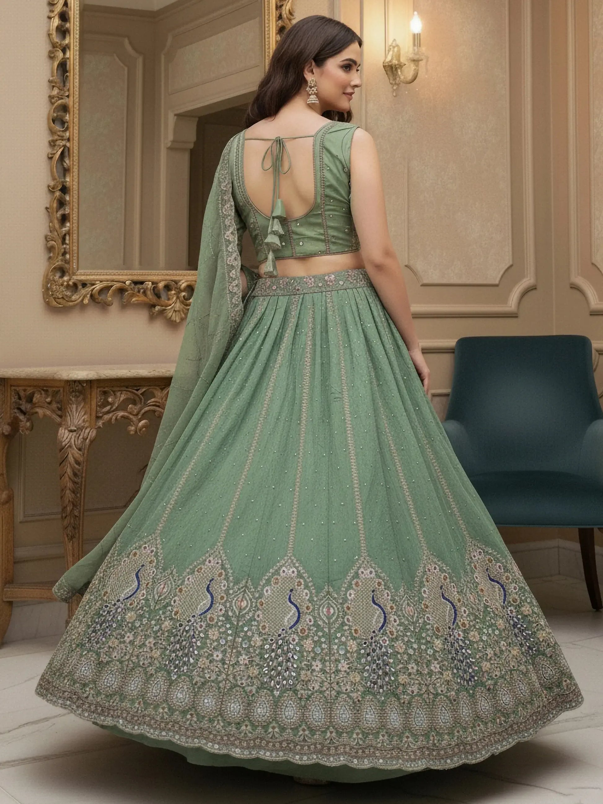 Regal Green Zircon Work Silk Mehendi Wear Lehenga Choli With Dupatta