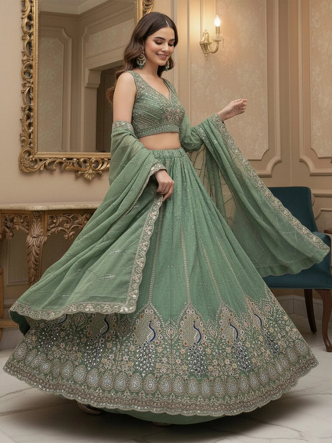 Regal Green Zircon Work Silk Mehendi Wear Lehenga Choli With Dupatta