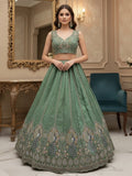 Regal Green Zircon Work Silk Mehendi Wear Lehenga Choli With Dupatta