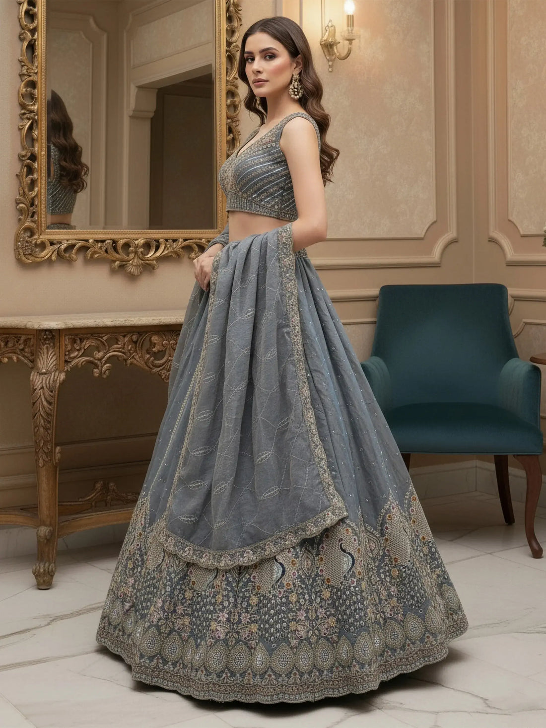 Fantastic Grey Embroidered Silk Reception Wear Lehenga Choli With Dupatta