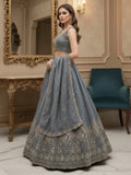 Fantastic Grey Embroidered Silk Reception Wear Lehenga Choli With Dupatta