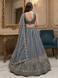 Fantastic Grey Embroidered Silk Reception Wear Lehenga Choli With Dupatta