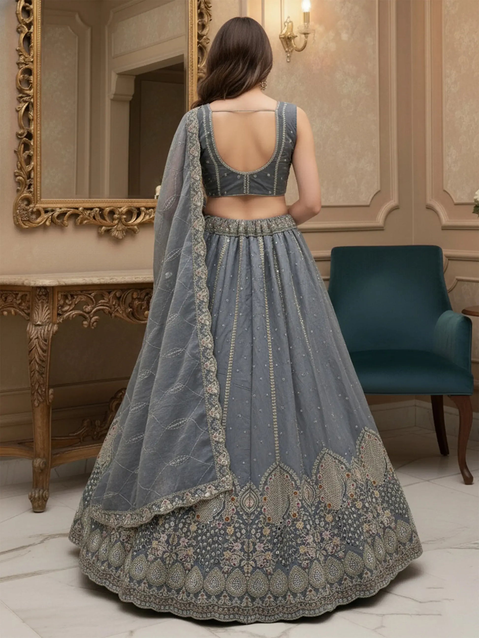Fantastic Grey Embroidered Silk Reception Wear Lehenga Choli With Dupatta
