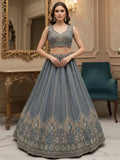 Fantastic Grey Embroidered Silk Reception Wear Lehenga Choli With Dupatta