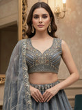 Fantastic Grey Embroidered Silk Reception Wear Lehenga Choli With Dupatta