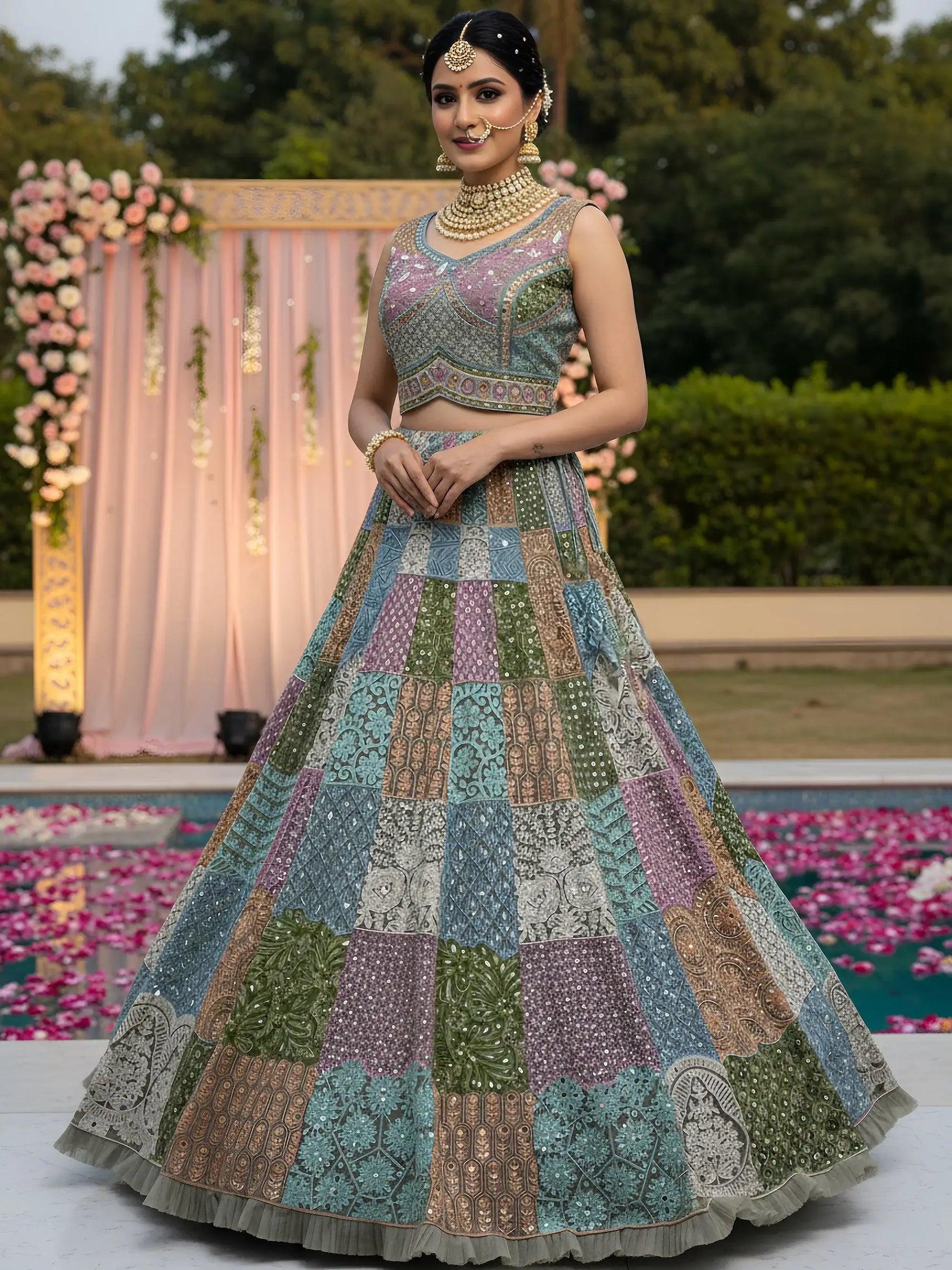 Remarkable Multi-Color Embroidered Net Bridesmaid Lehenga Choli