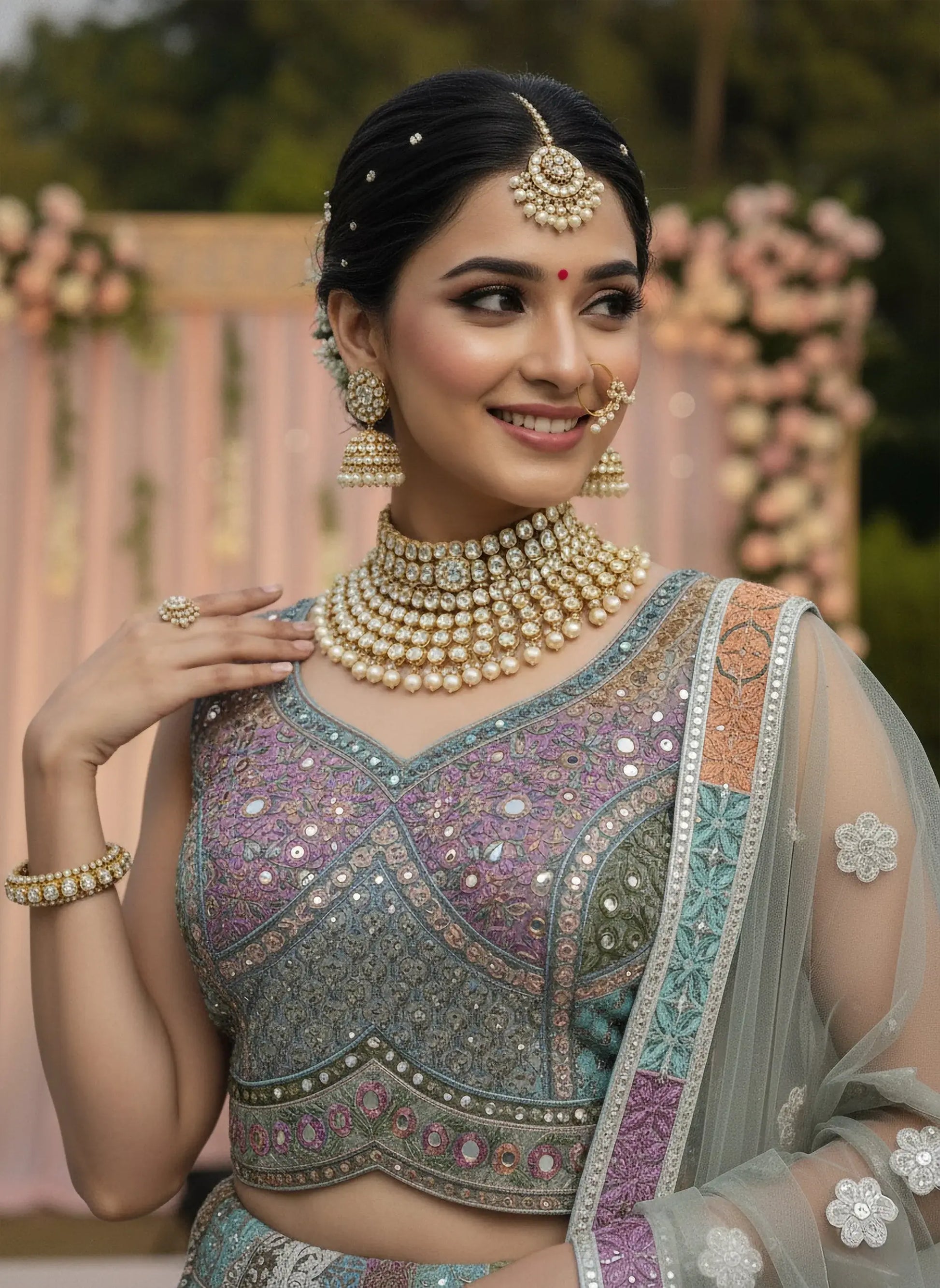 Remarkable Multi-Color Embroidered Net Bridesmaid Lehenga Choli