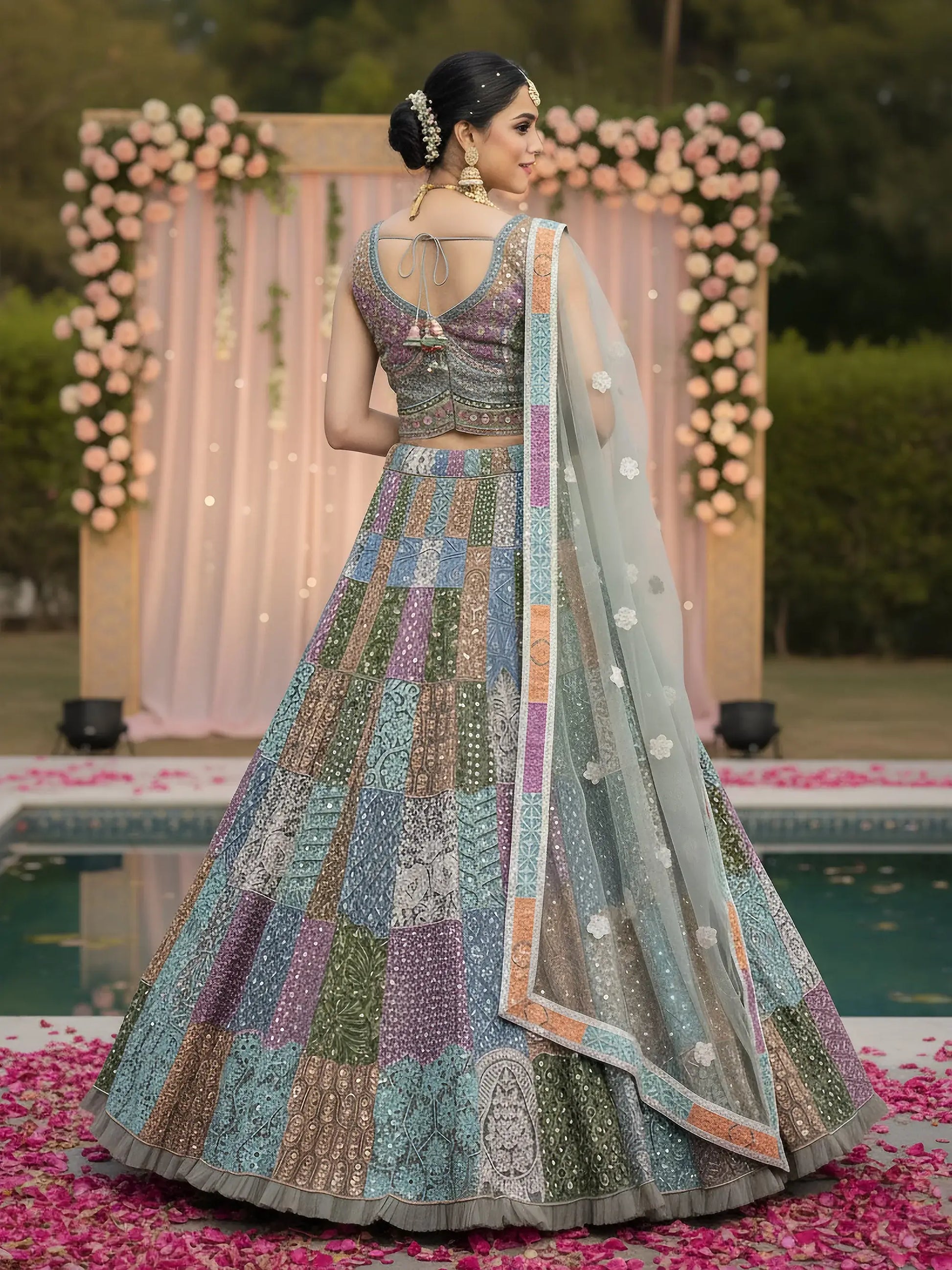 Remarkable Multi-Color Embroidered Net Bridesmaid Lehenga Choli