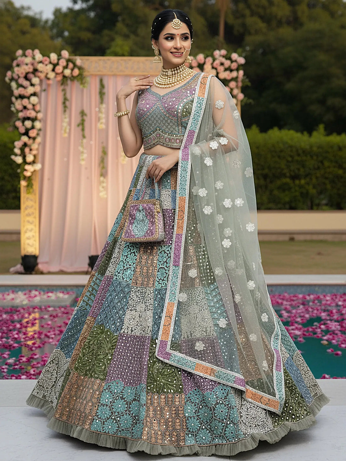Remarkable Multi-Color Embroidered Net Bridesmaid Lehenga Choli