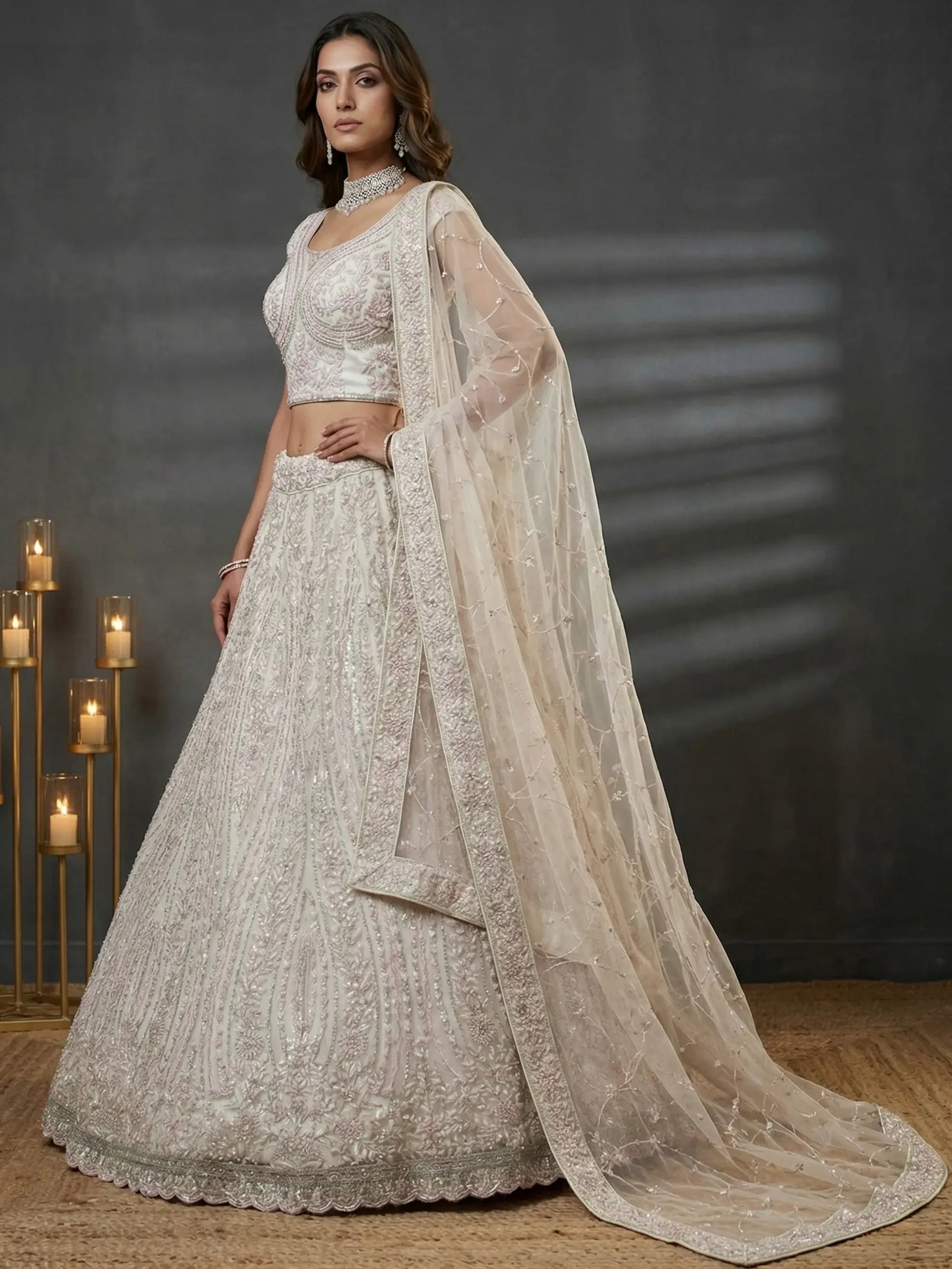 Impressive White Dori Embroidery Net Reception Wear Lehenga Choli