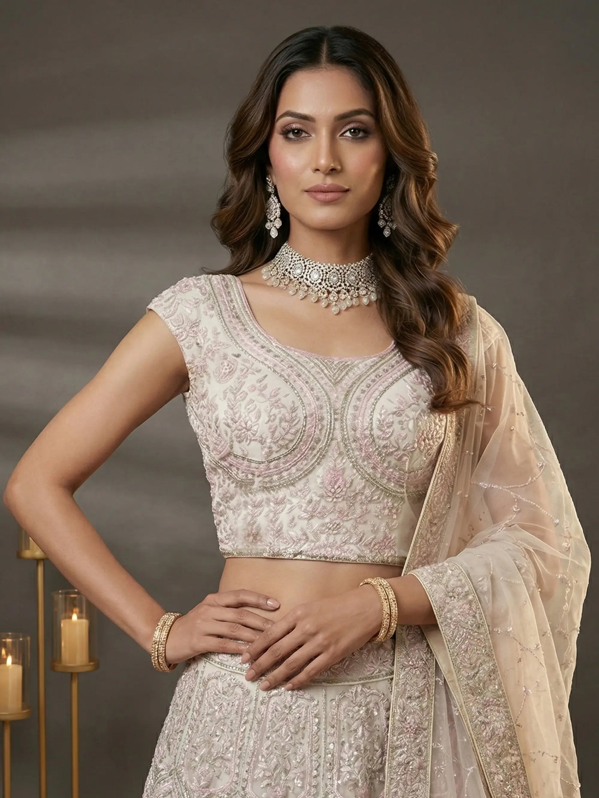 Impressive White Dori Embroidery Net Reception Wear Lehenga Choli