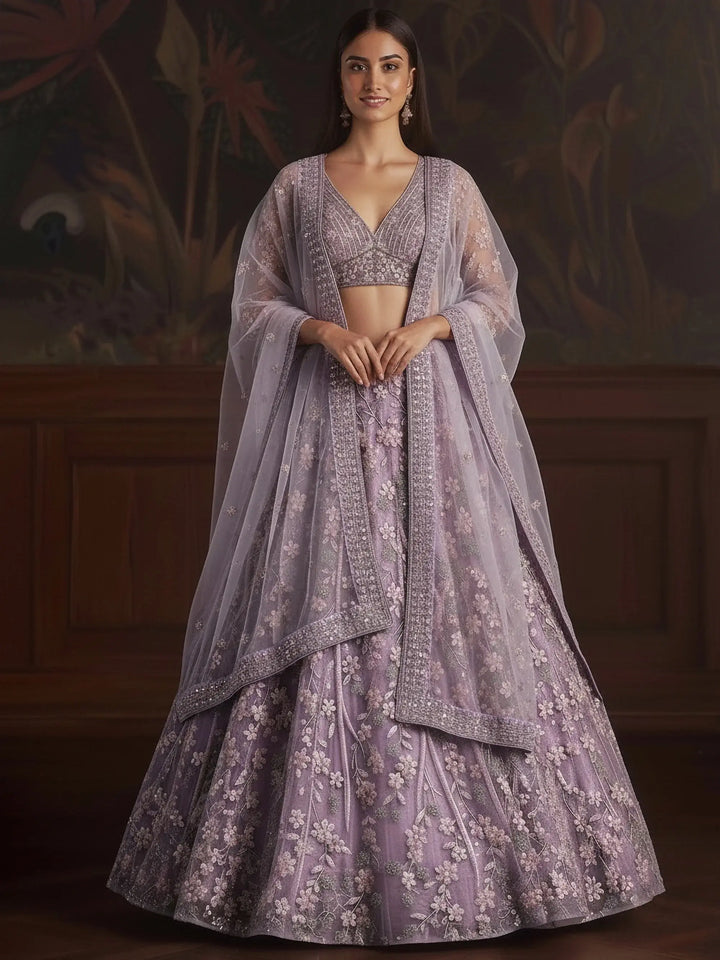 Fantastic Lilac Sequins Net Wedding Wear Lehenga Choli With Dupatta