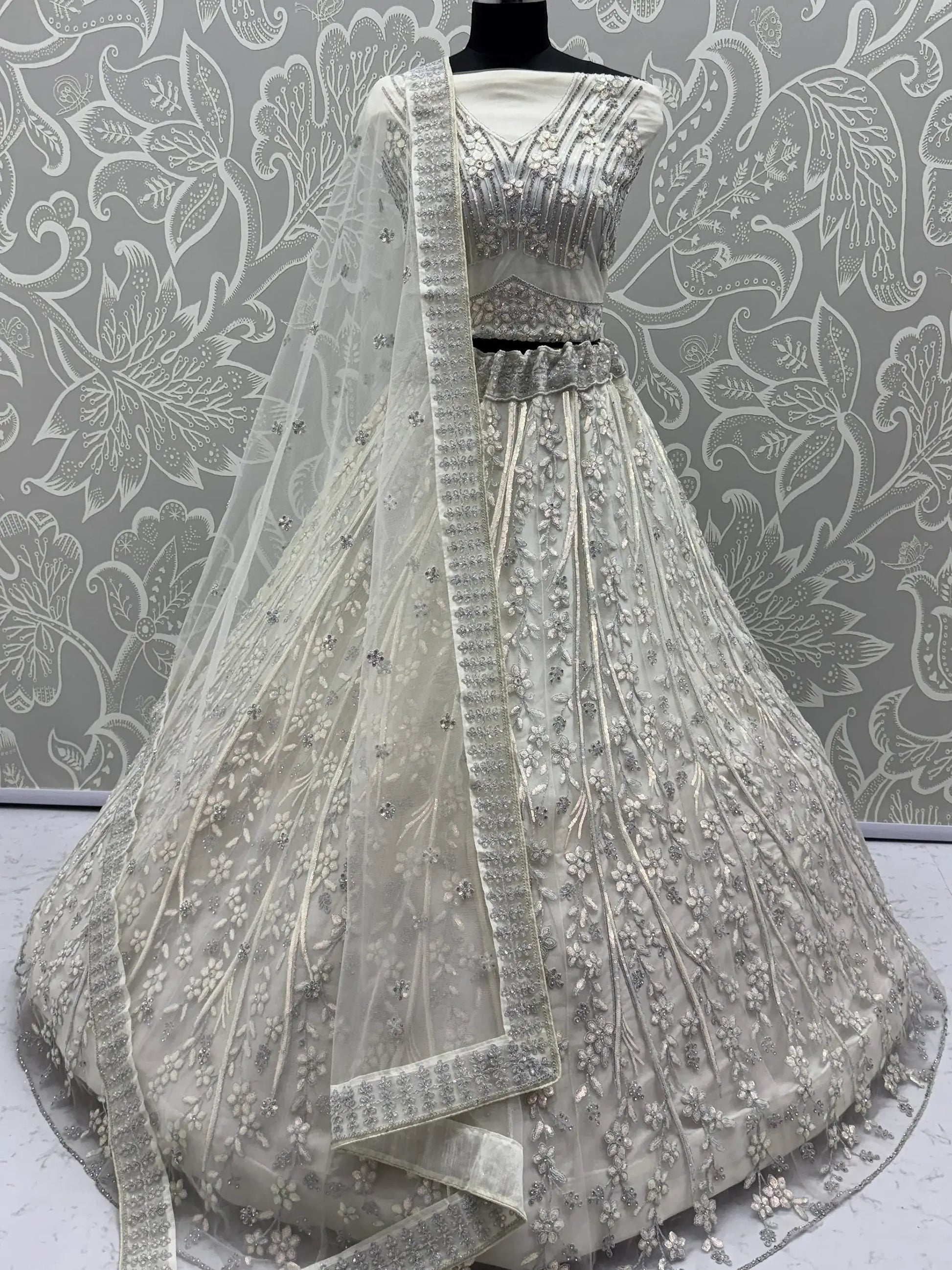 Grand White Dori Embroidery Net Designer Lehenga Choli With Dupatta