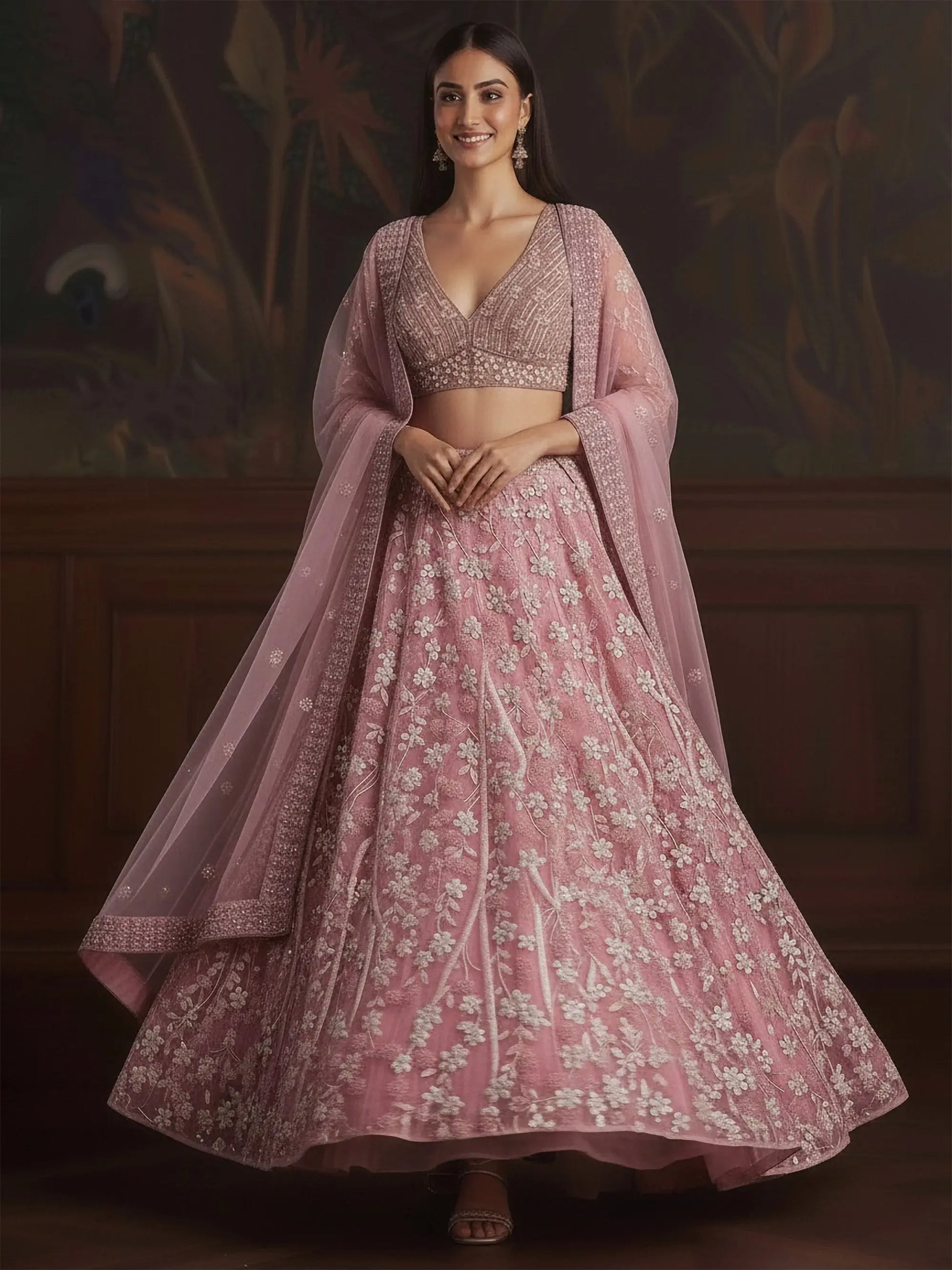 Lovable Pink Heavy Embroidered Net Engagement Wear Lehenga With Blouse
