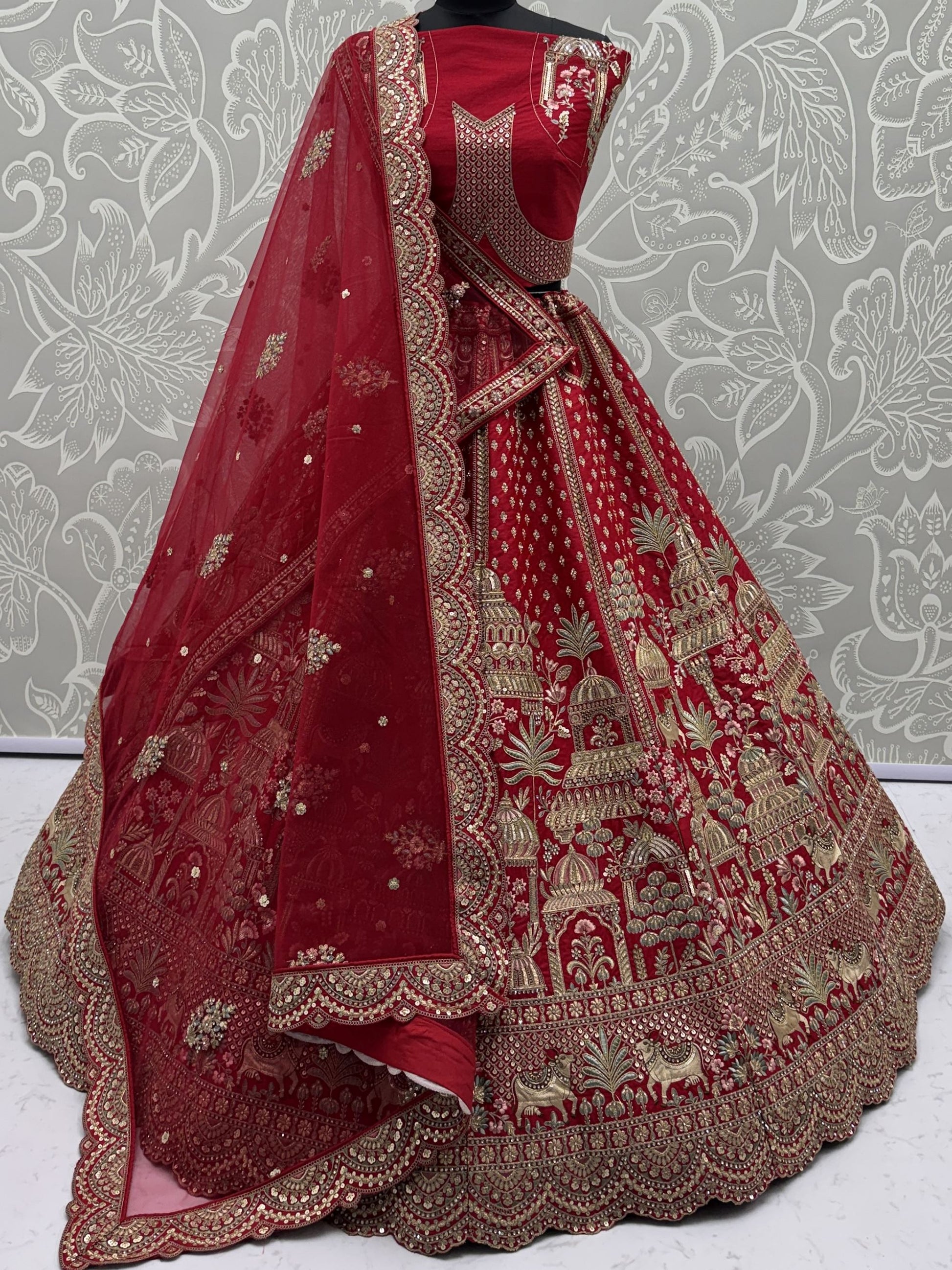 Noteworthy Red Khatali Work Silk Bridal Wear Lehenga Choli With Double Dupatta