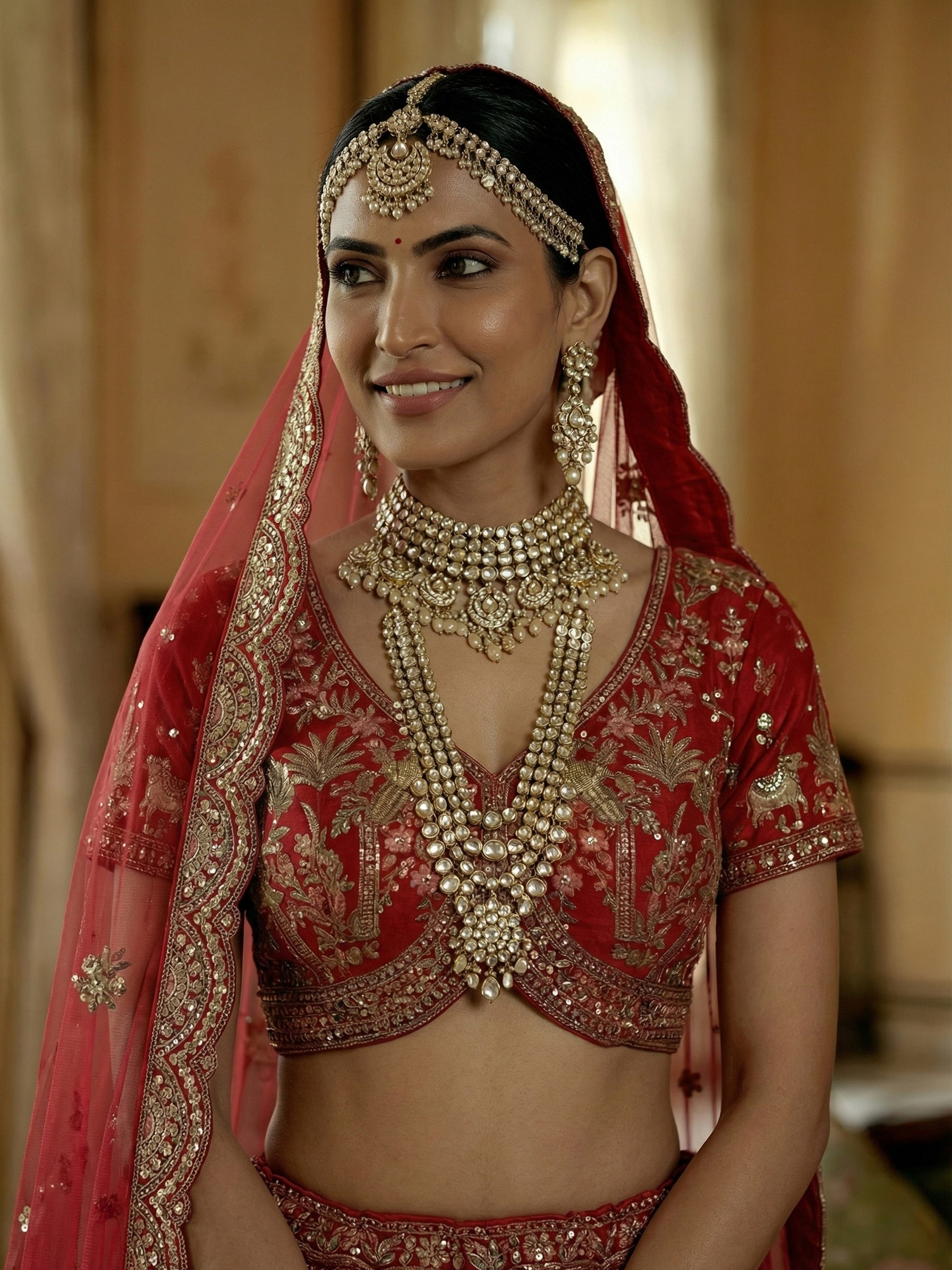 Noteworthy Red Khatali Work Silk Bridal Wear Lehenga Choli With Double Dupatta