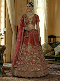 Noteworthy Red Khatali Work Silk Bridal Wear Lehenga Choli With Double Dupatta