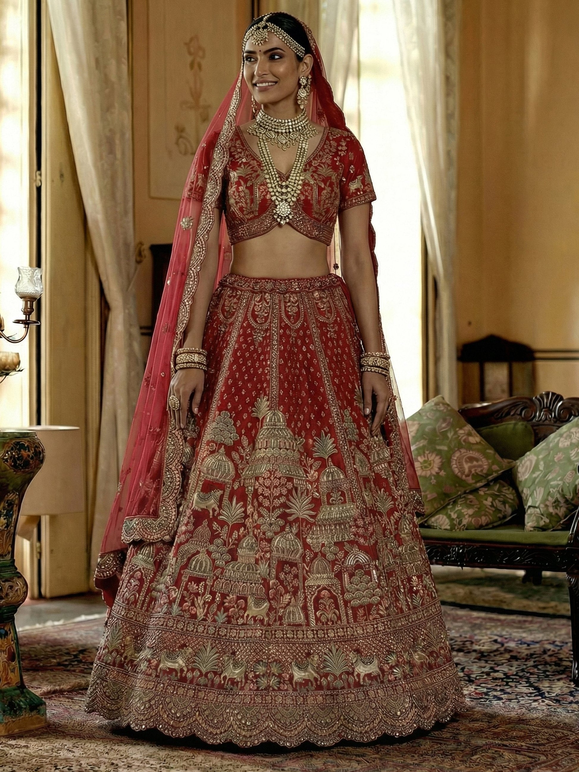 Noteworthy Red Khatali Work Silk Bridal Wear Lehenga Choli With Double Dupatta