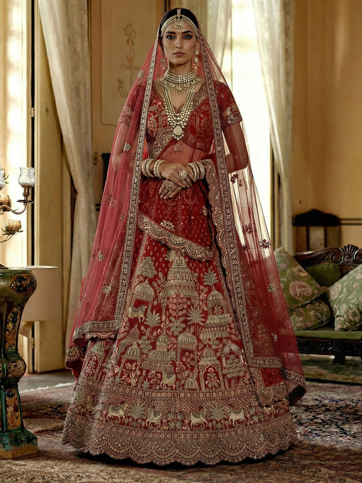 Noteworthy Red Khatali Work Silk Bridal Wear Lehenga Choli With Double Dupatta