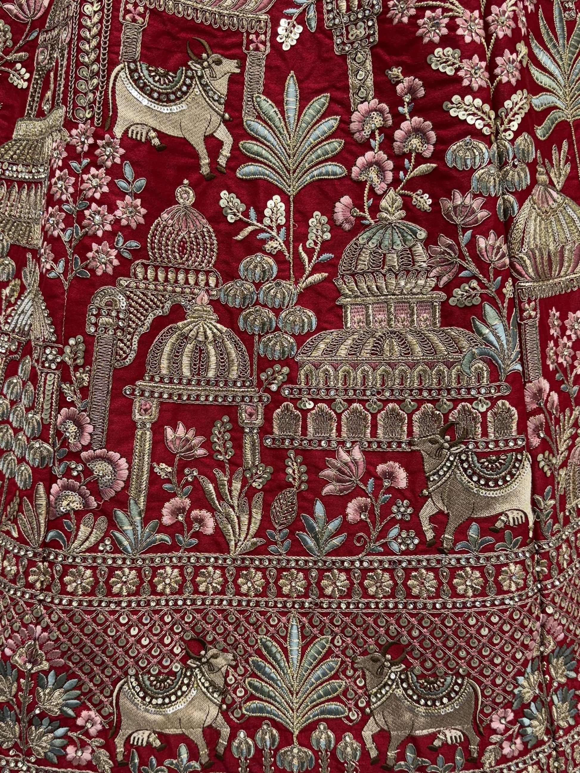 Noteworthy Red Khatali Work Silk Bridal Wear Lehenga Choli With Double Dupatta