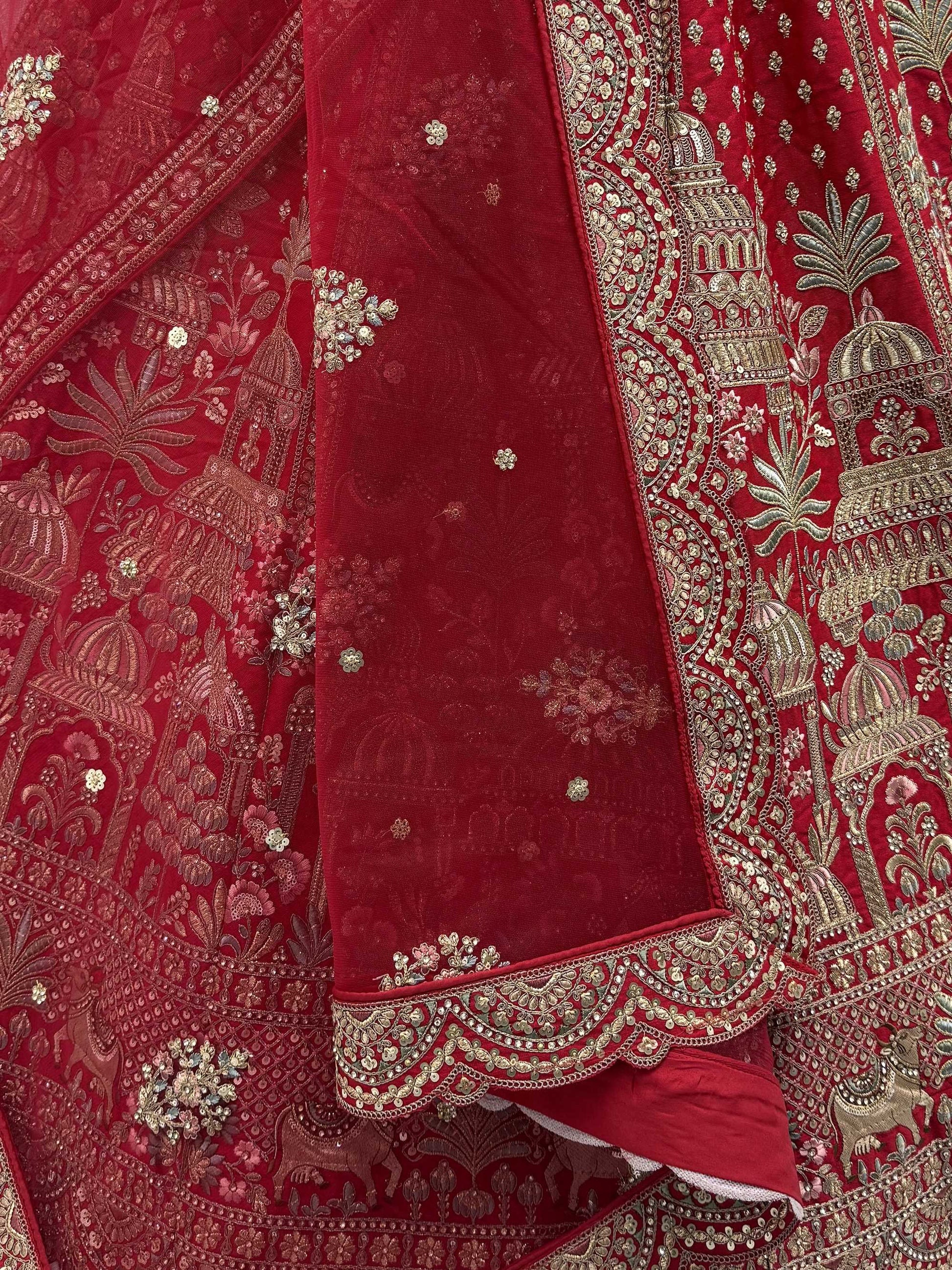 Noteworthy Red Khatali Work Silk Bridal Wear Lehenga Choli With Double Dupatta