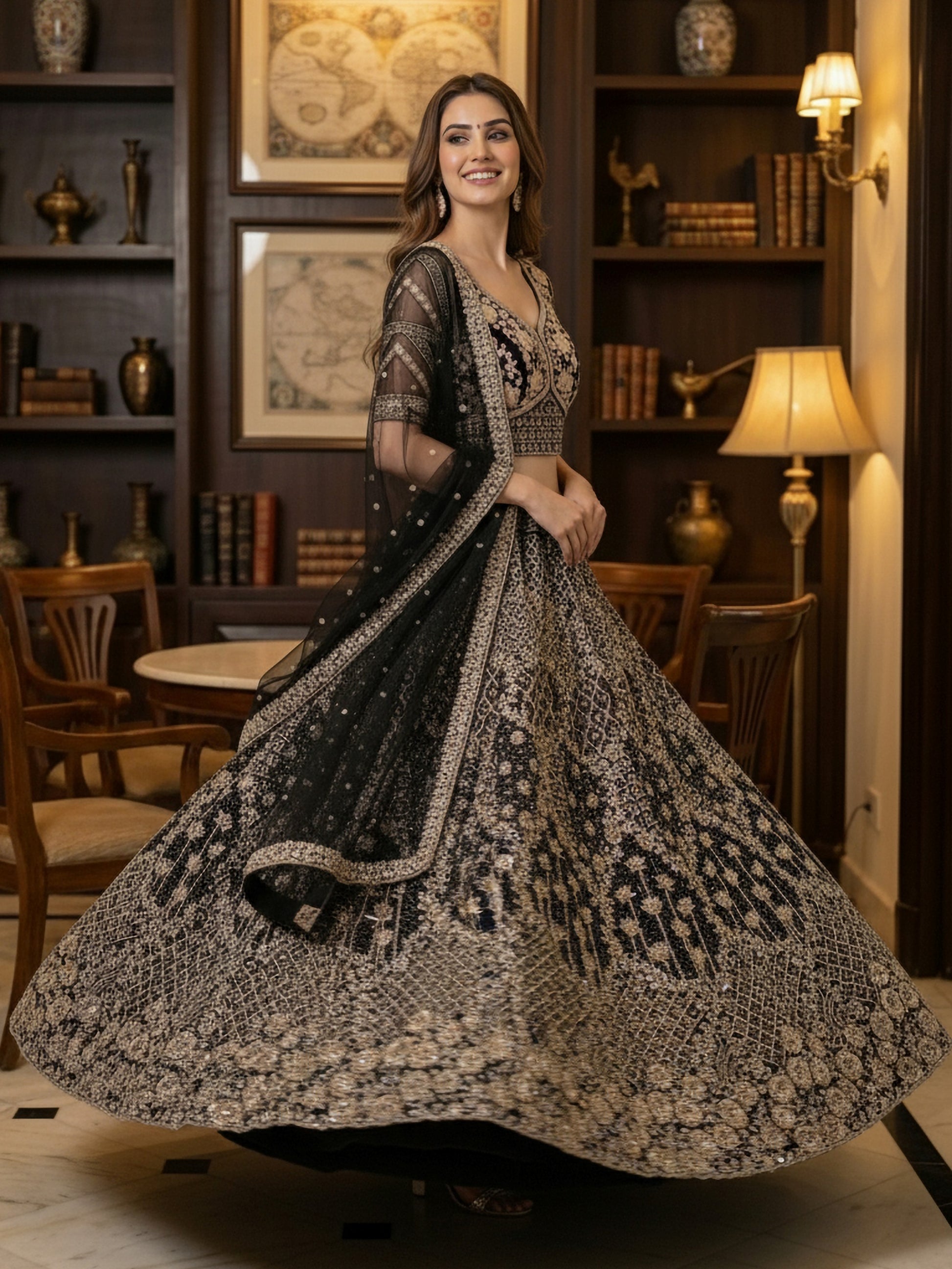 Stupendous Black Thread Embroidered Net Party Wear Lehenga Choli With Dupatta