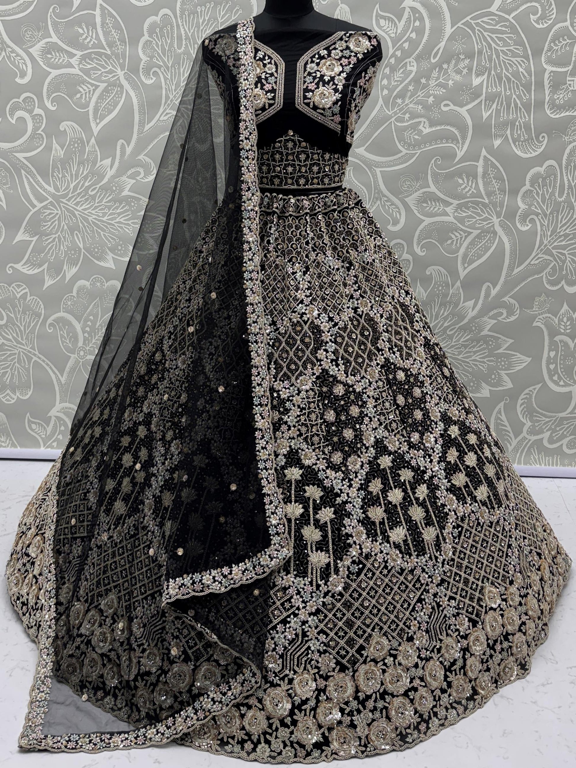 Stupendous Black Thread Embroidered Net Party Wear Lehenga Choli With Dupatta