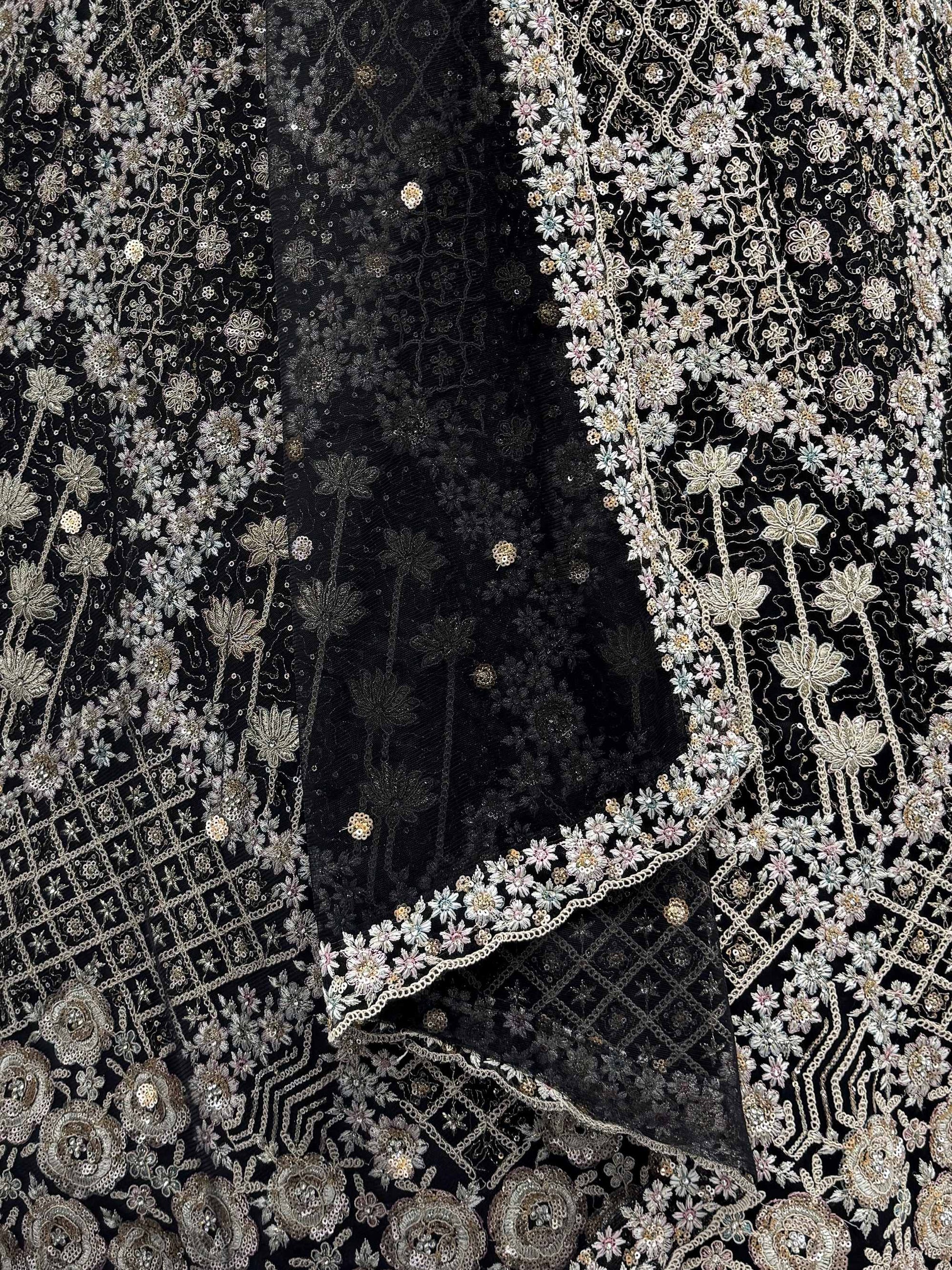 Stupendous Black Thread Embroidered Net Party Wear Lehenga Choli With Dupatta