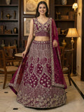 Ravishing Maroon Net Dori Embroidered Bridal Wear Lehenga Choli With Dupatta