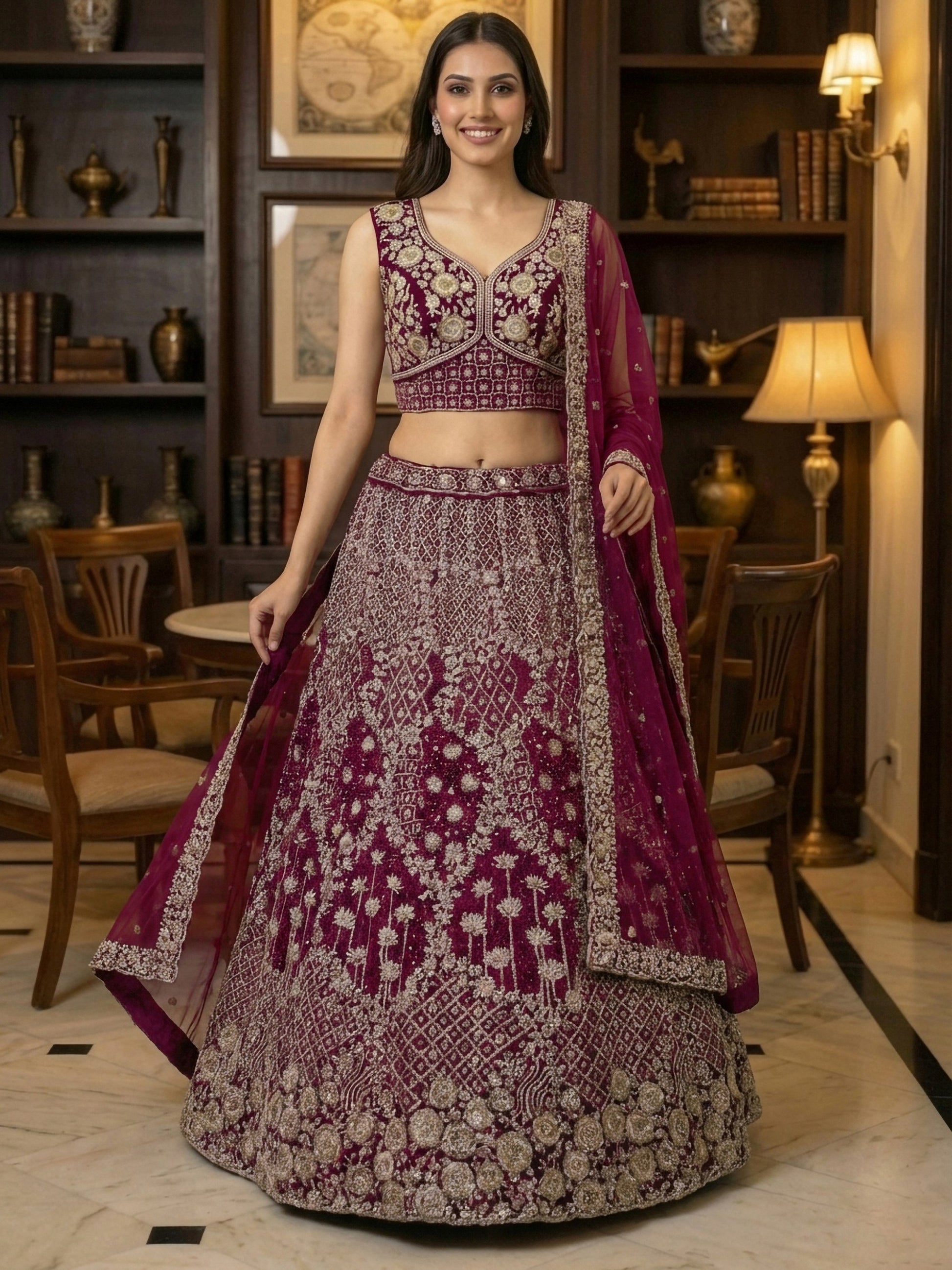 Ravishing Maroon Net Dori Embroidered Bridal Wear Lehenga Choli With Dupatta