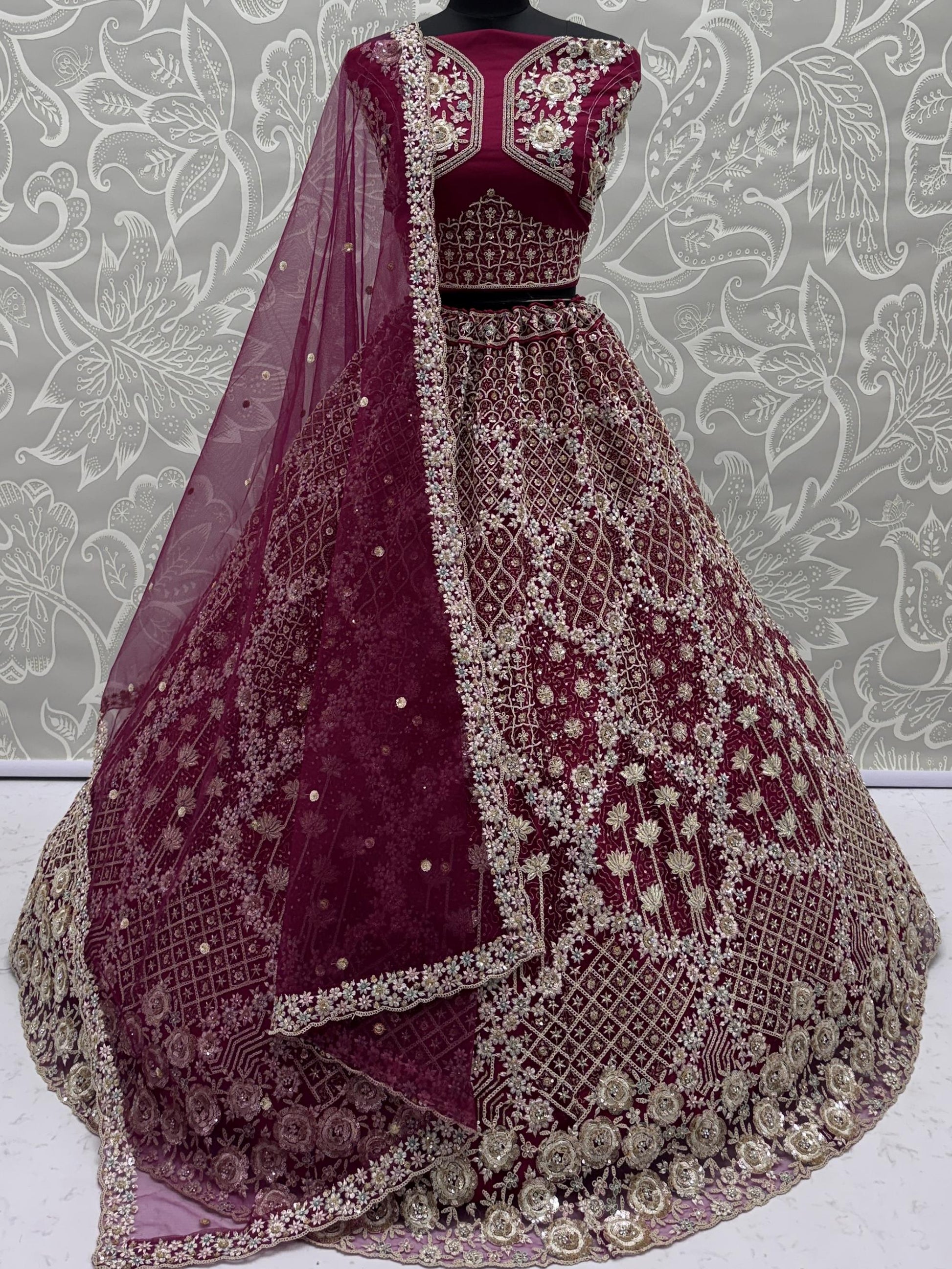 Ravishing Maroon Net Dori Embroidered Bridal Wear Lehenga Choli With Dupatta