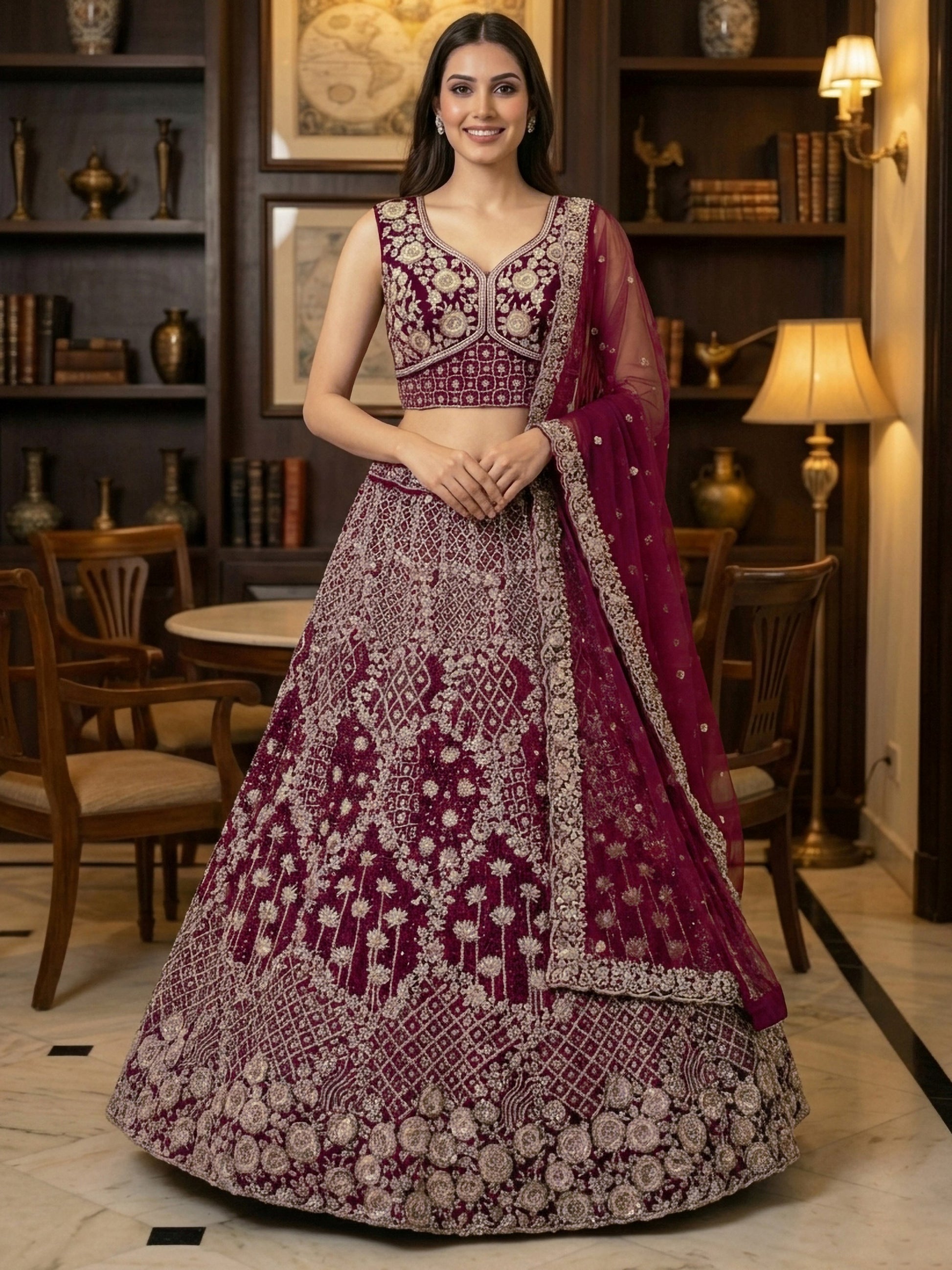 Ravishing Maroon Net Dori Embroidered Bridal Wear Lehenga Choli With Dupatta