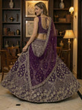 Stylish Wine Net Multi Thread Work Reception Wear Lehenga With Blouse