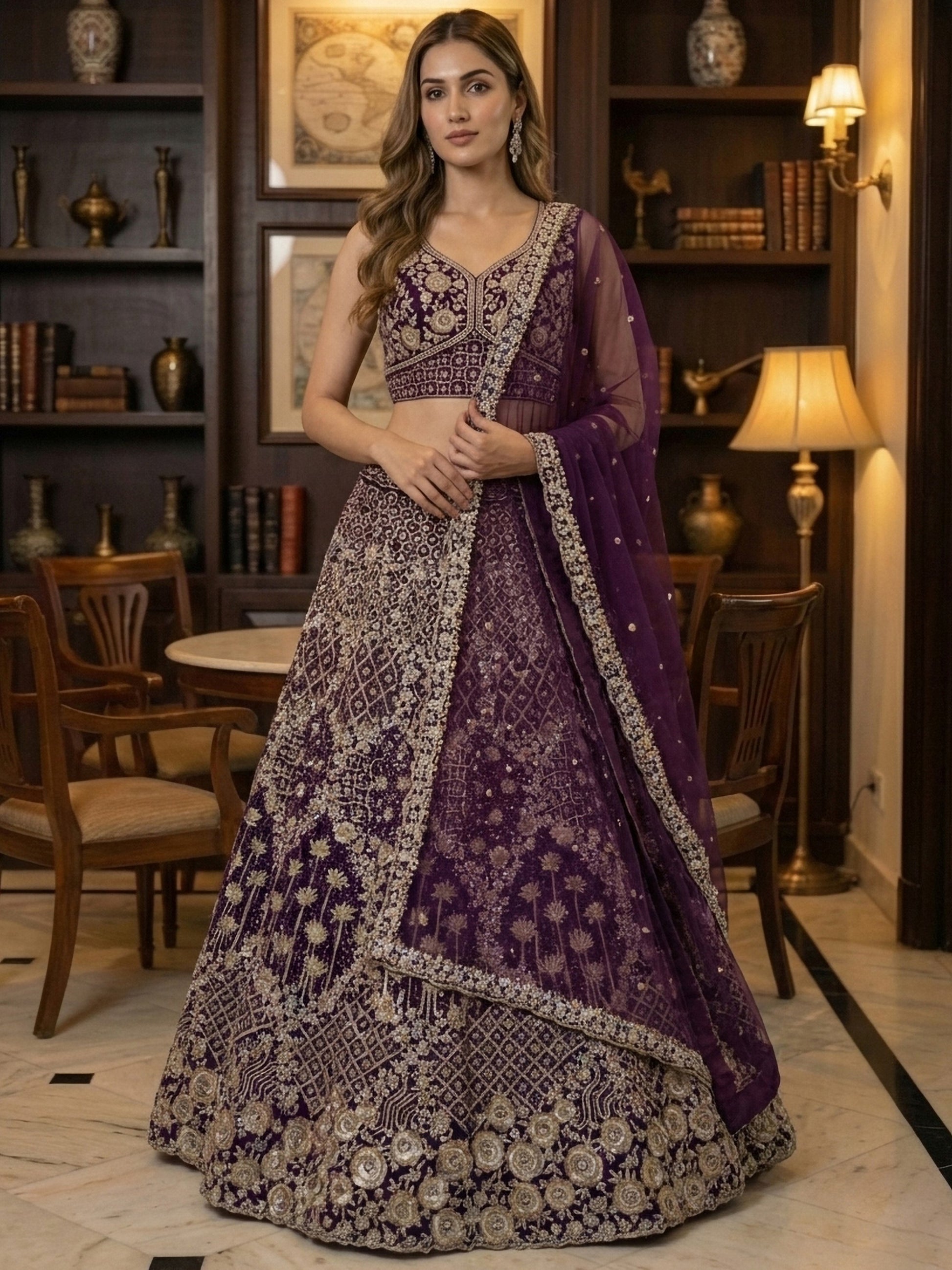 Stylish Wine Net Multi Thread Work Reception Wear Lehenga With Blouse