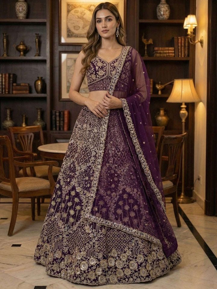 Stylish Wine Net Multi Thread Work Reception Wear Lehenga With Blouse