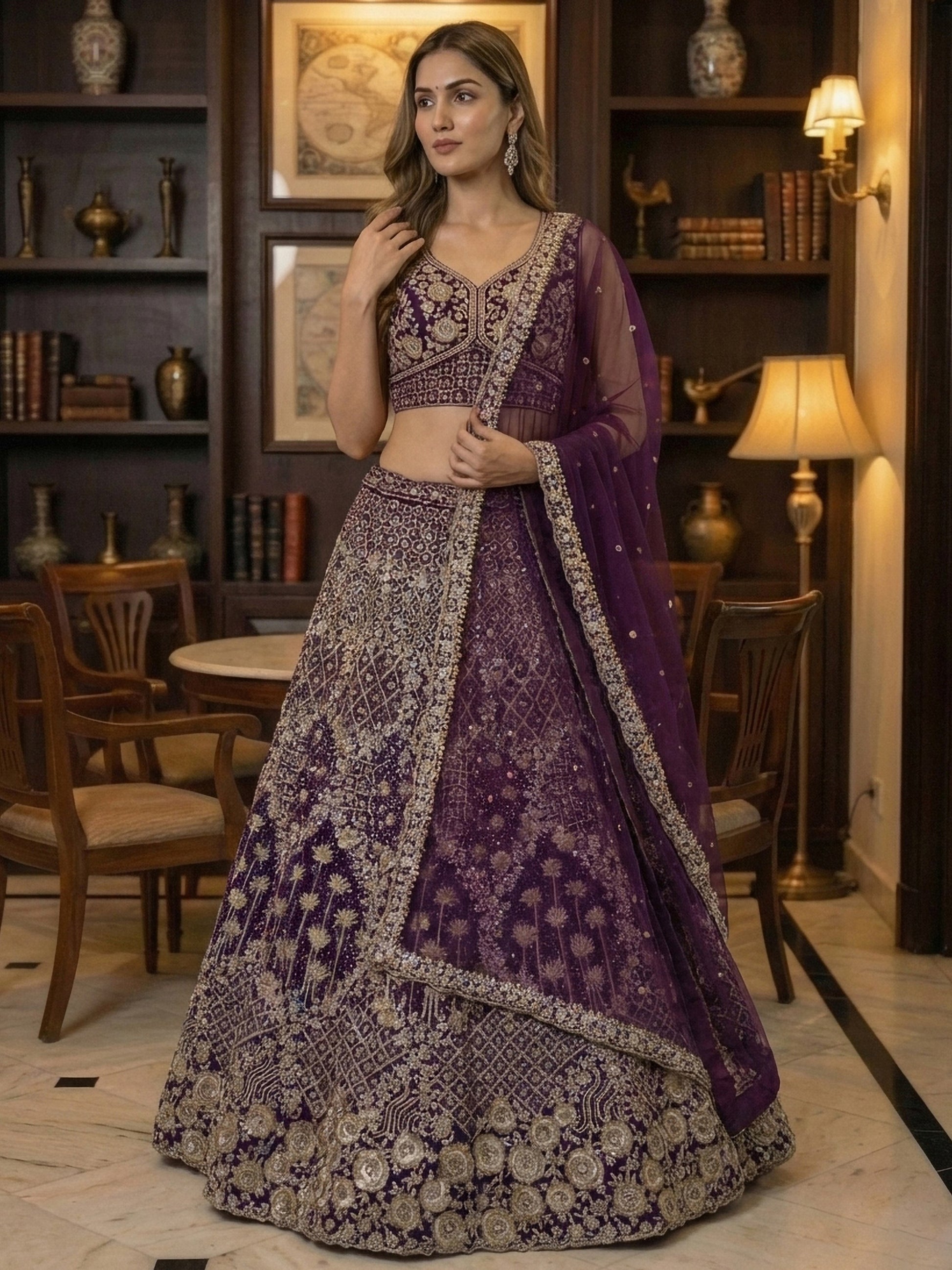 Stylish Wine Net Multi Thread Work Reception Wear Lehenga With Blouse