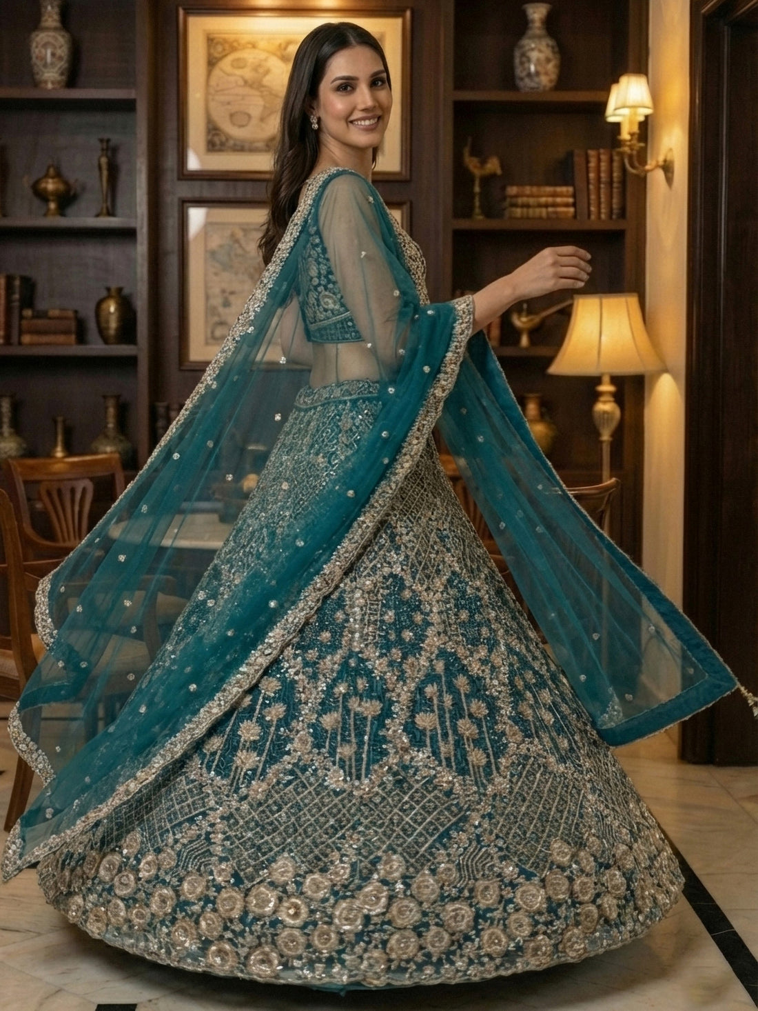 Elegant Teal Blue Net Floral Embroidery Sangeet Wear Lehenga Choli