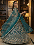Elegant Teal Blue Net Floral Embroidery Sangeet Wear Lehenga Choli