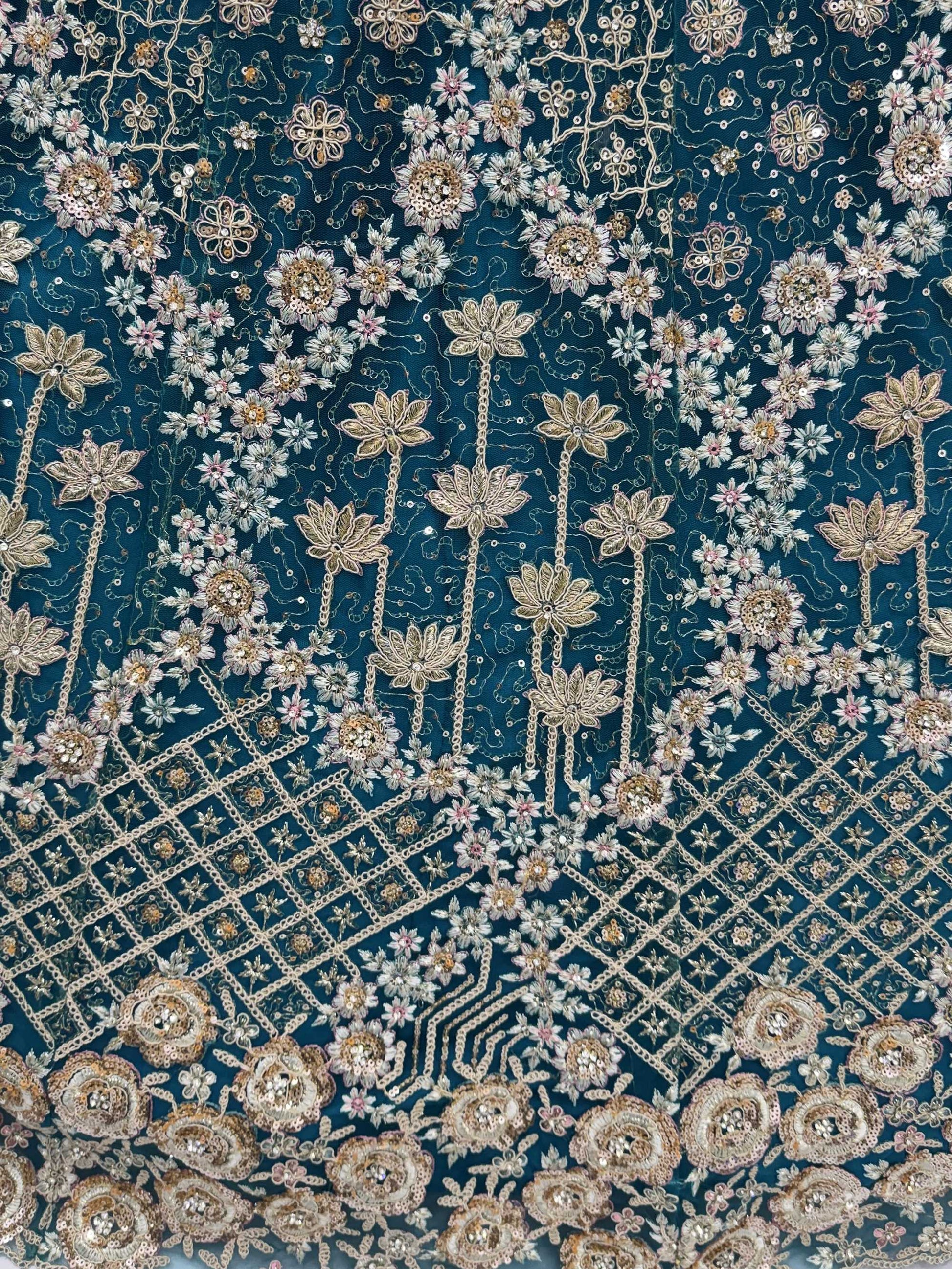 Elegant Teal Blue Net Floral Embroidery Sangeet Wear Lehenga Choli