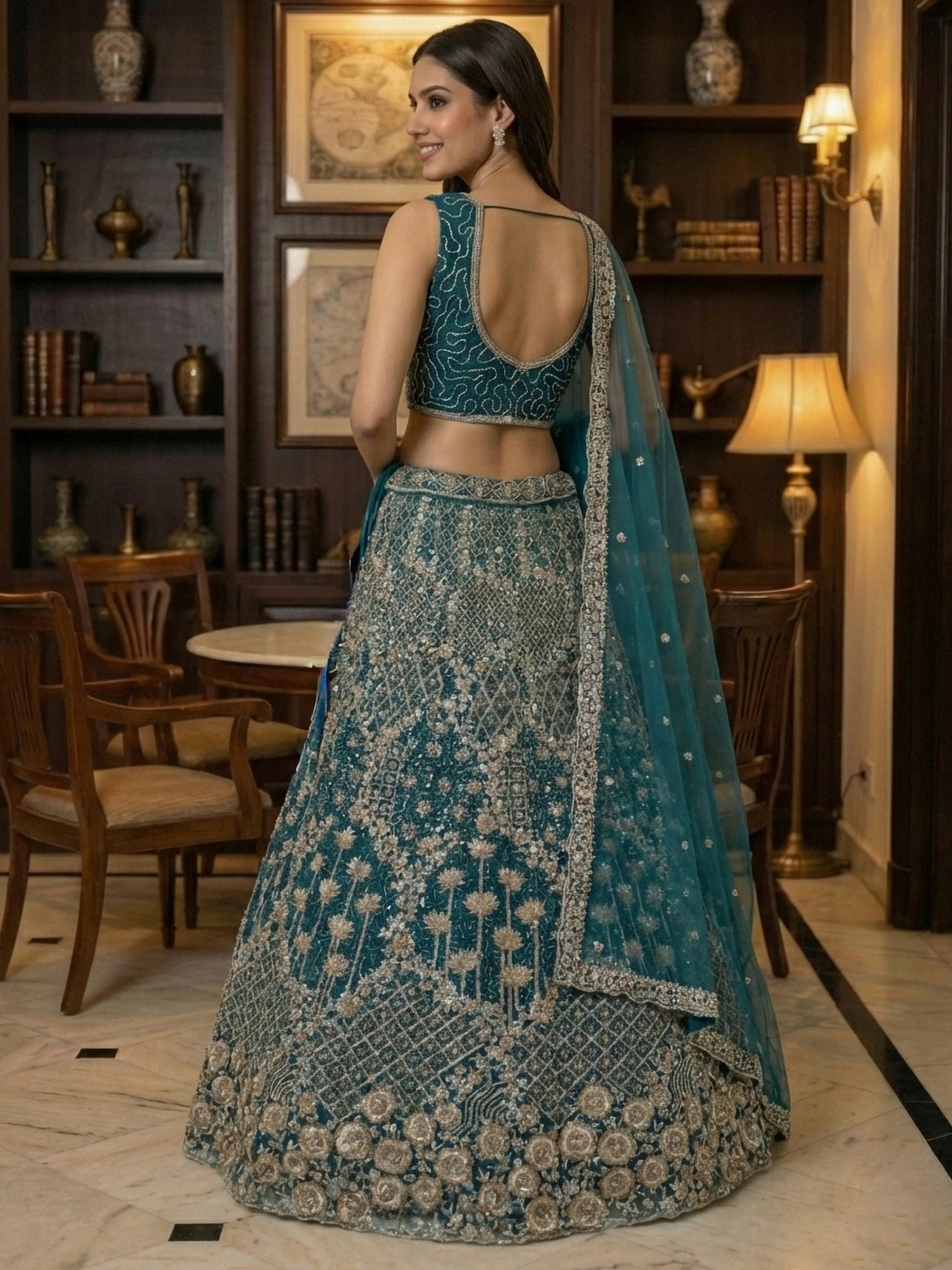 Elegant Teal Blue Net Floral Embroidery Sangeet Wear Lehenga Choli
