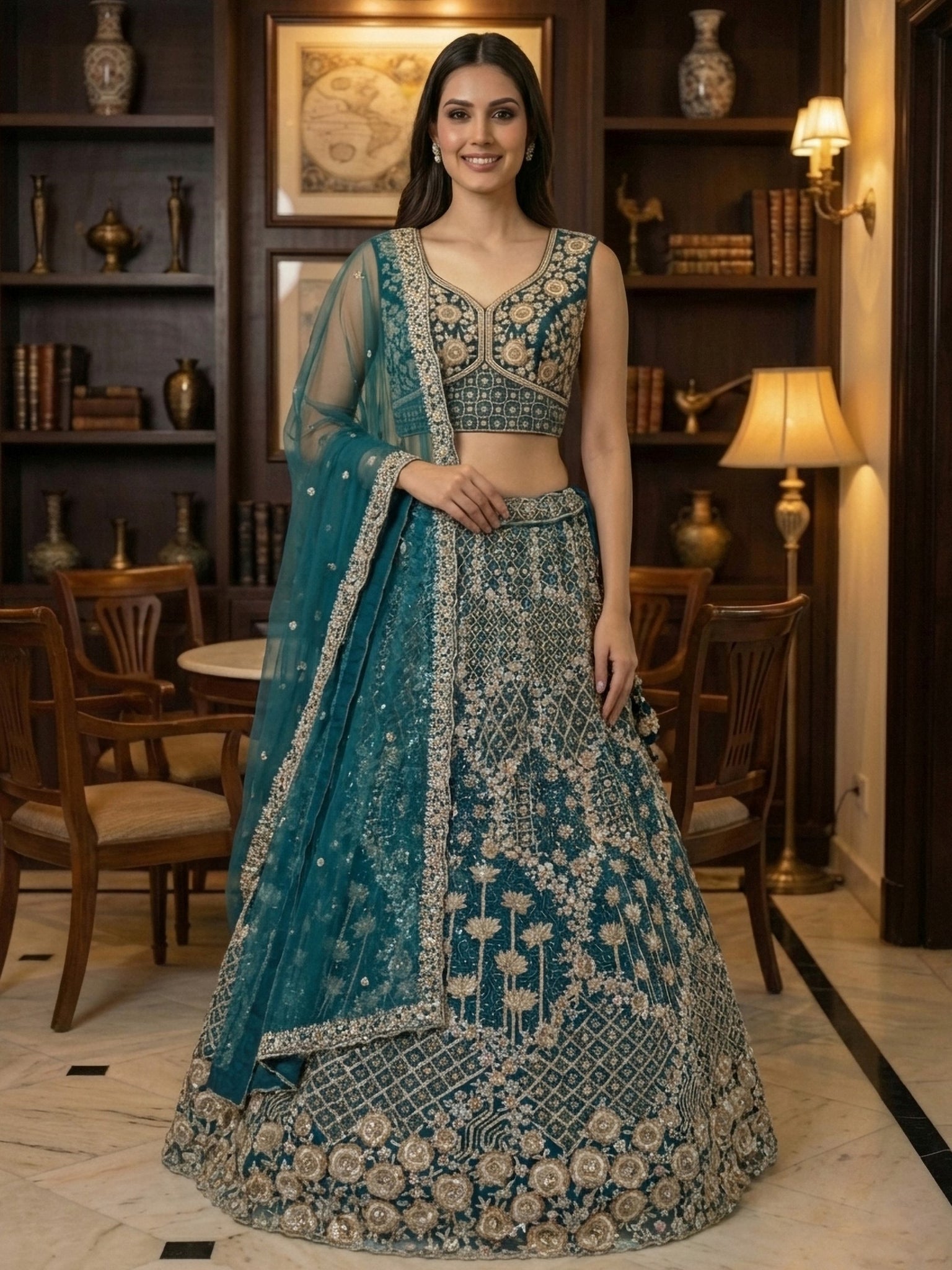 Elegant Teal Blue Net Floral Embroidery Sangeet Wear Lehenga Choli