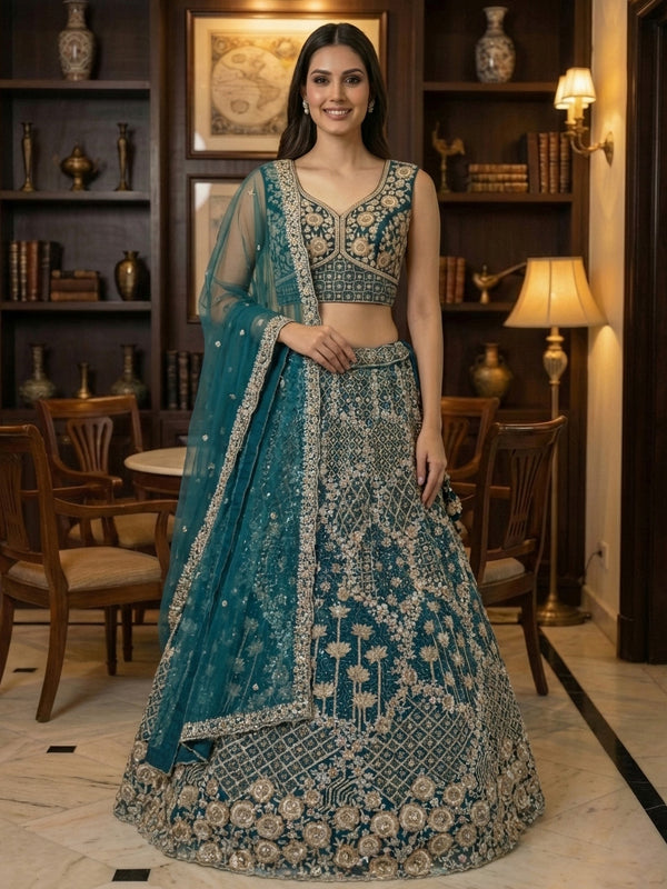 Elegant Teal Blue Net Floral Embroidery Sangeet Wear Lehenga Choli