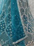 Elegant Teal Blue Net Floral Embroidery Sangeet Wear Lehenga Choli