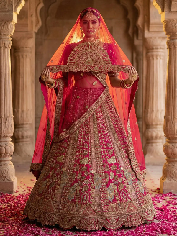 Esthetic Pink Heavy Embroidered Silk Bridal Lehenga Choli With Double Dupatta