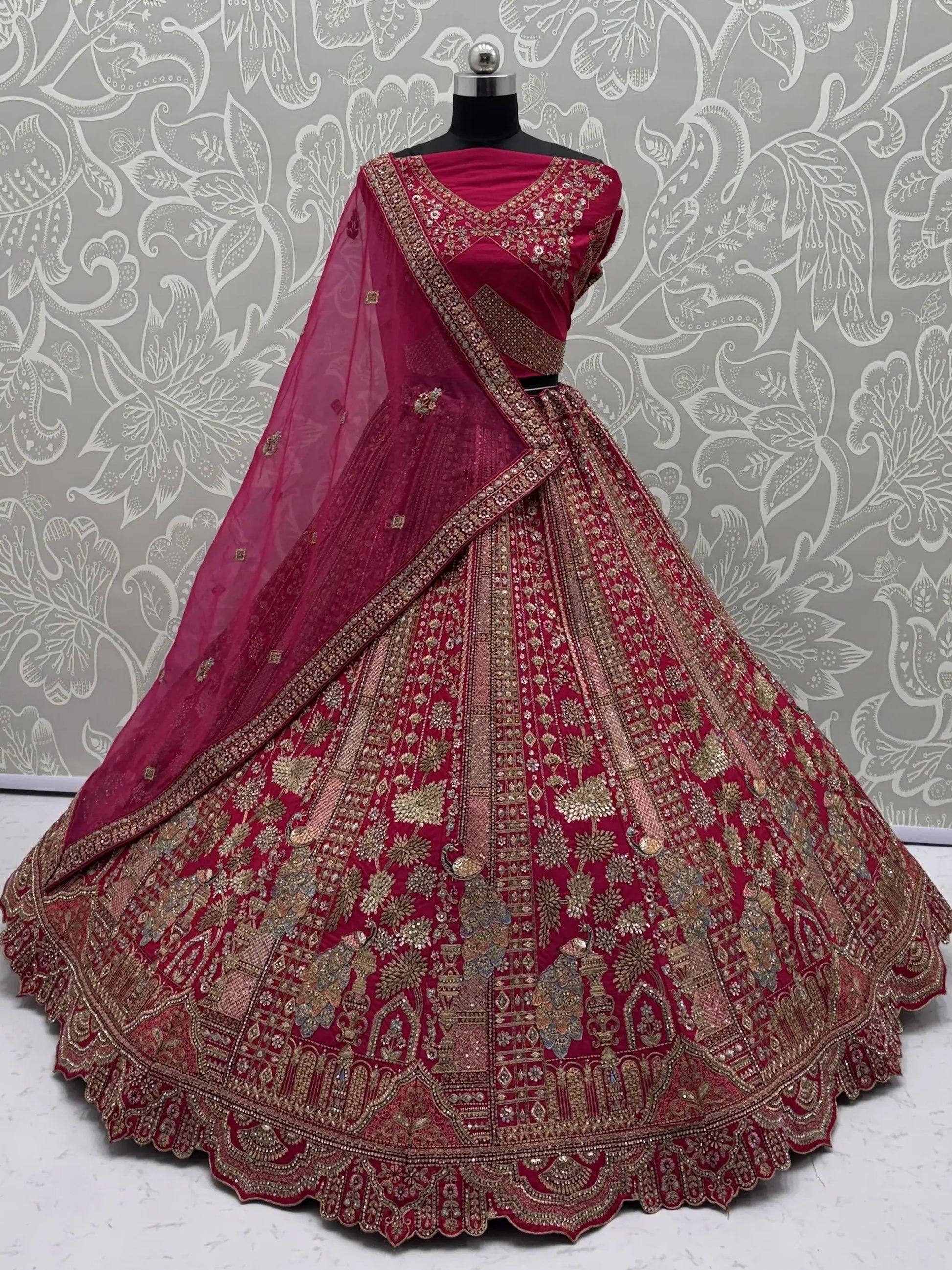 Esthetic Pink Heavy Embroidered Silk Bridal Lehenga Choli With Double Dupatta