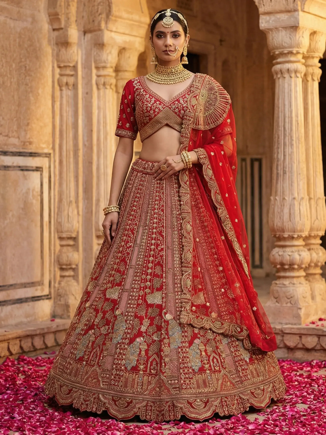 Lovable Red Thread Embroidered Silk Bridal Lehenga Choli With Double Dupatta